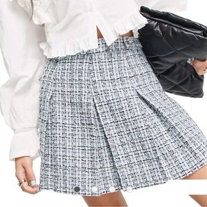 Soft Girl Plaid Tweed Pleated Mini Skirt Sz 12 Blue Boucle Kilt Academia Preppy